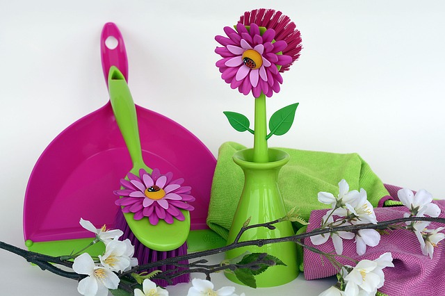 flowers and a dustpan to represent spring cleaning