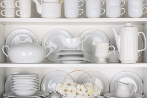 white, organized kitchen shelves