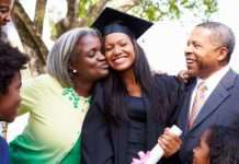 5 Surprises You Can Give Your Kids at Their Graduation A young female in a black graduation gown and hat is being embraced by two parents in formal attire. Two children look on.