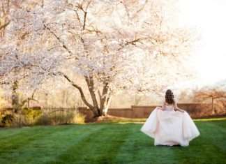 A teenage girl, dressed in a pink ballroom gown for her quinceañera, is walking away while posing next to pink Jasmine trees.